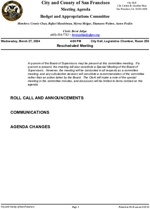PDF of Budget and Appropriation's Agenda for 3-27-24