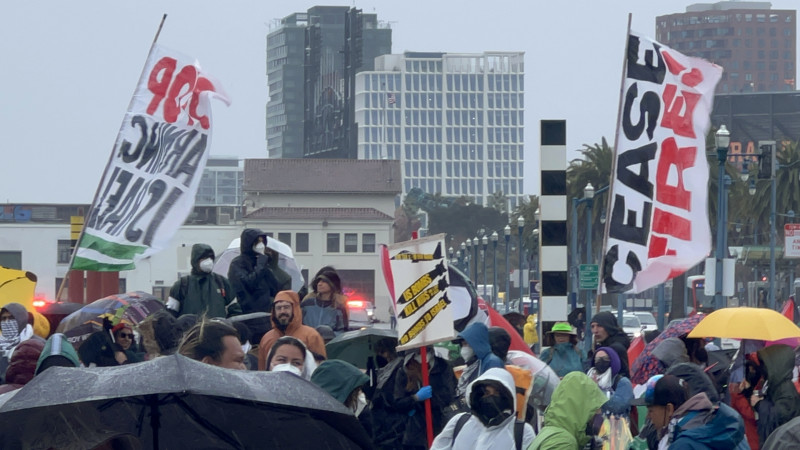 Protester gathered on the Embardcero To Protest the USNS Harvey Milk & War